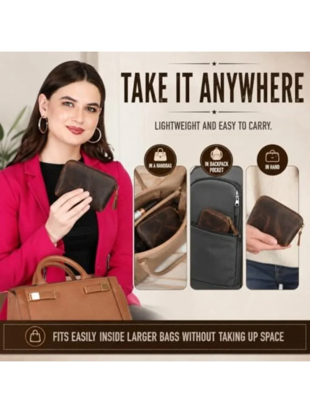Premium Full Grain Leather Makeup Pouch - Small Travel Toiletry Organizer Bag